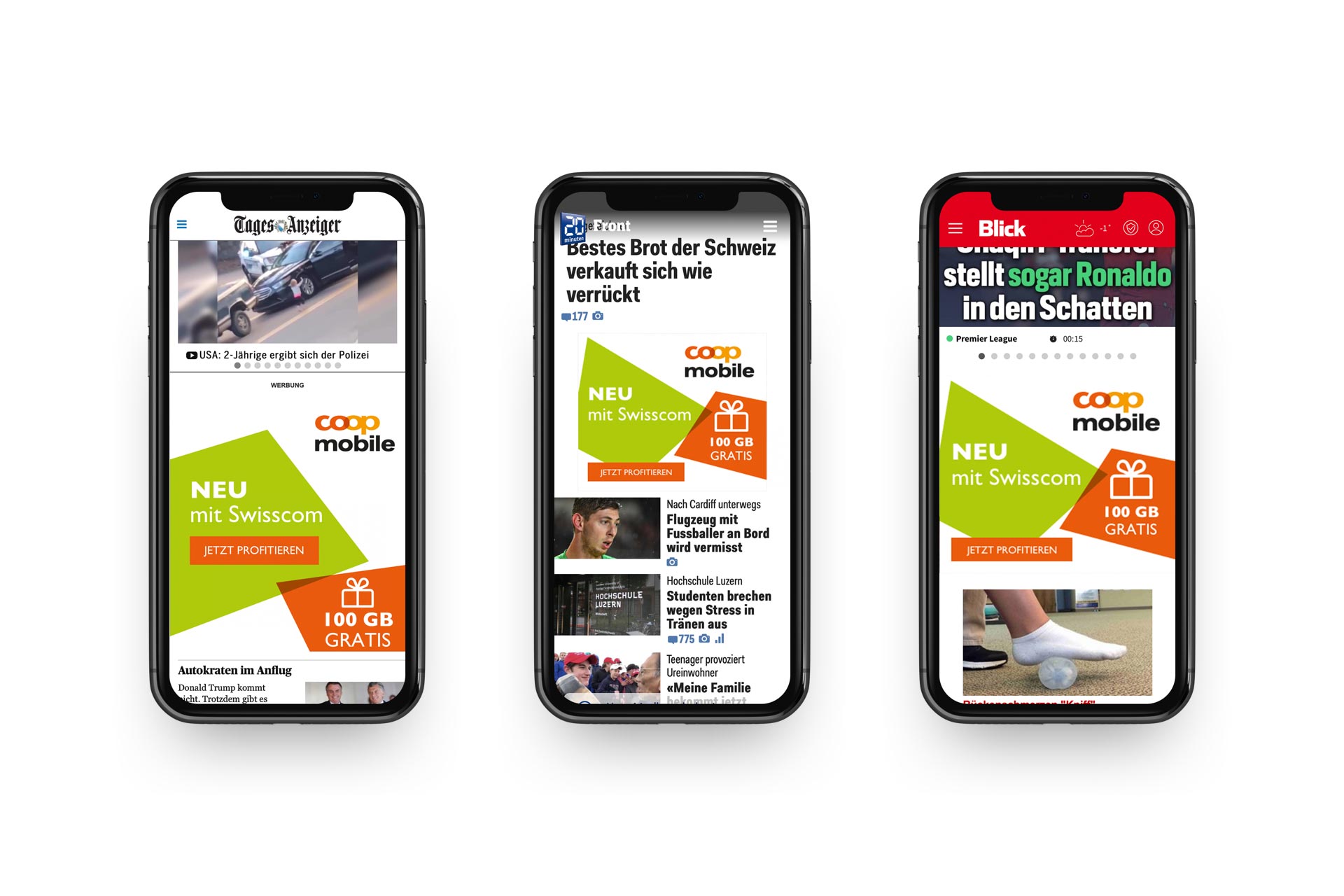 Drei Smartphones mit Websiten von Tagesanzeiger, 20 Minuten und Blick mit digitalen Werbeanzeigen von Coop Mobile