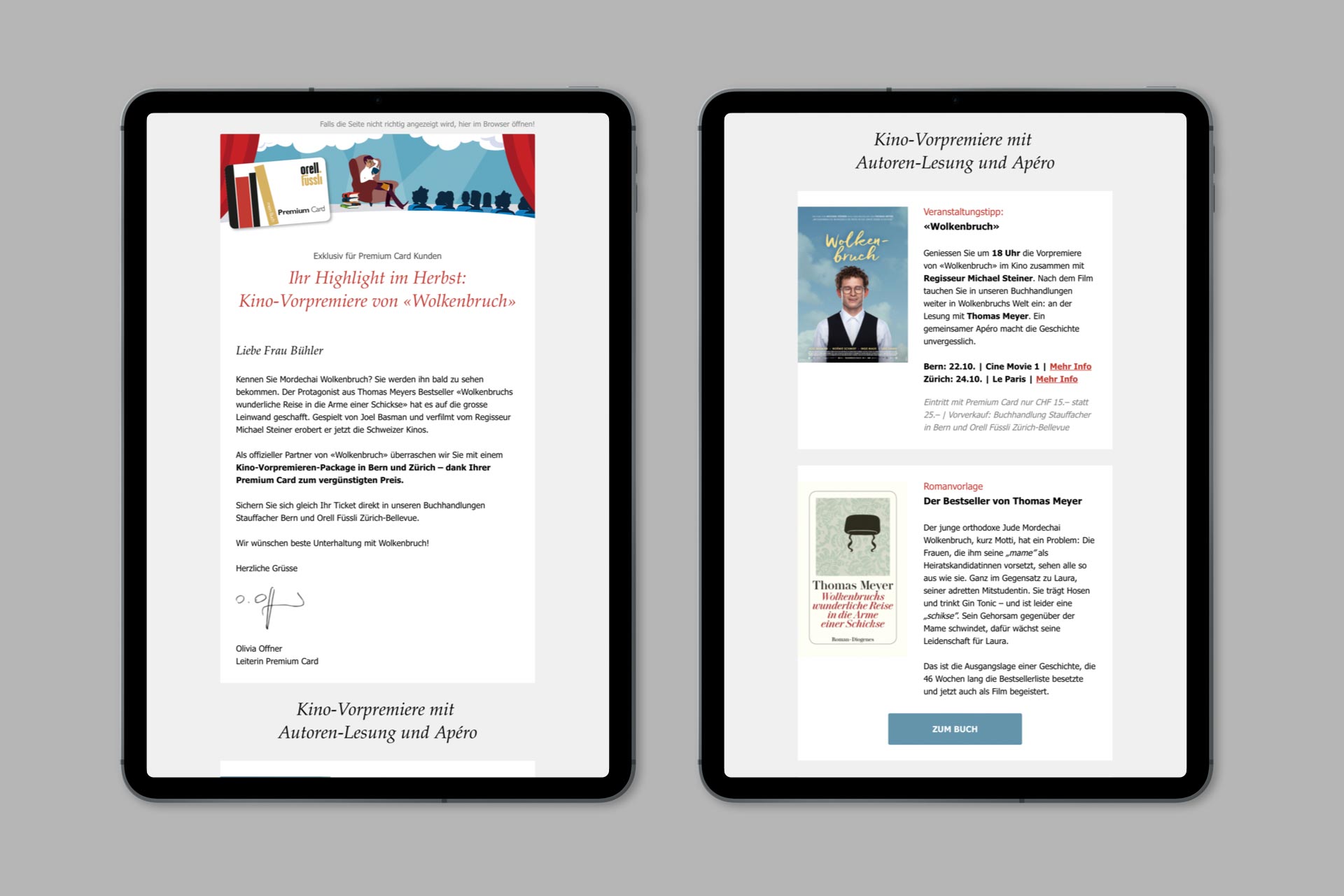 Zwei Tablets mit herbstlichem Newsletter für Orell Füssli Premium Card Besitzer